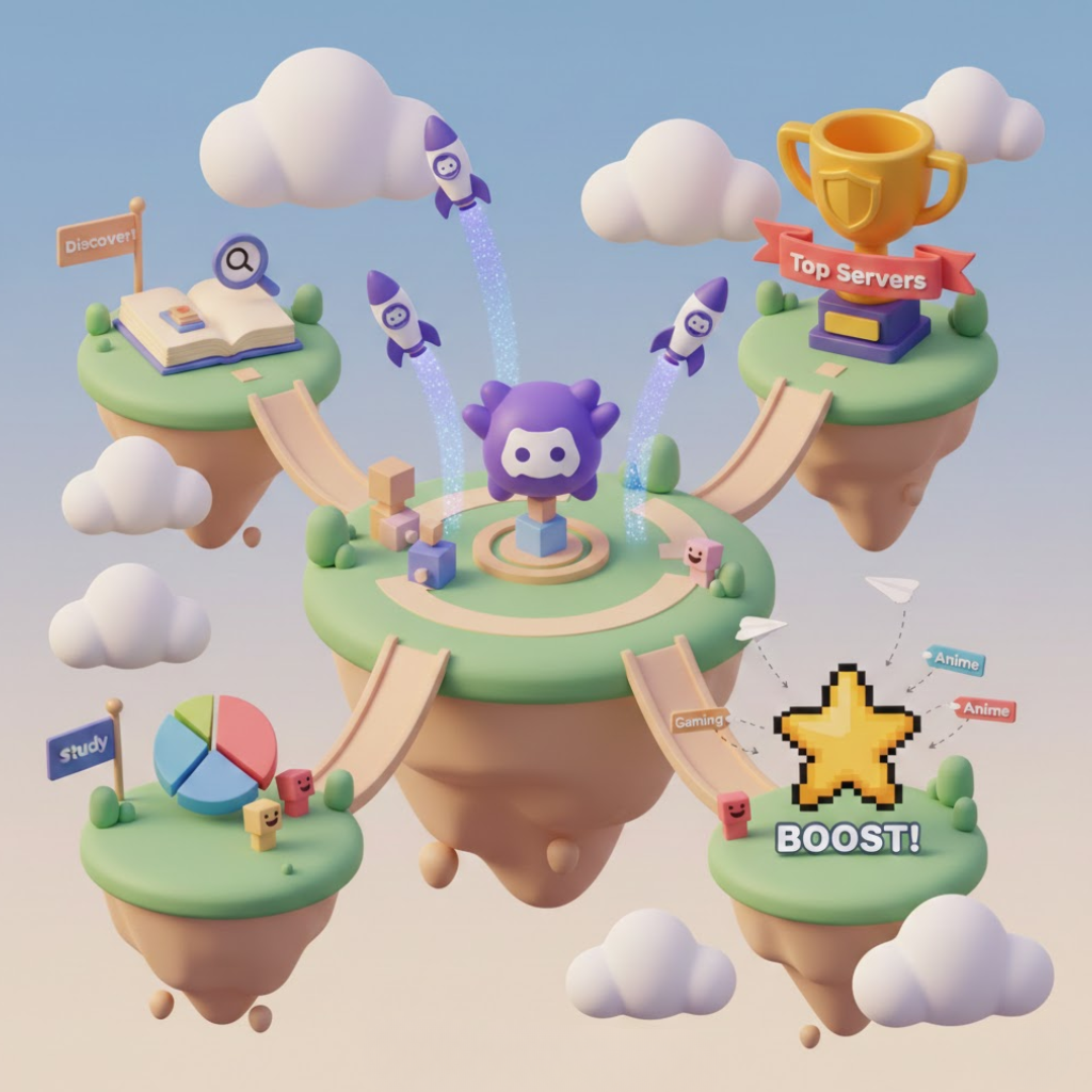 Illustration of Discord servers being boosted and discovered